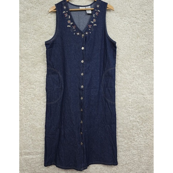 Vtg White Stag Dress Large Blue Denim Embroidered Pocket Western Modest Timeless - Picture 1 of 10